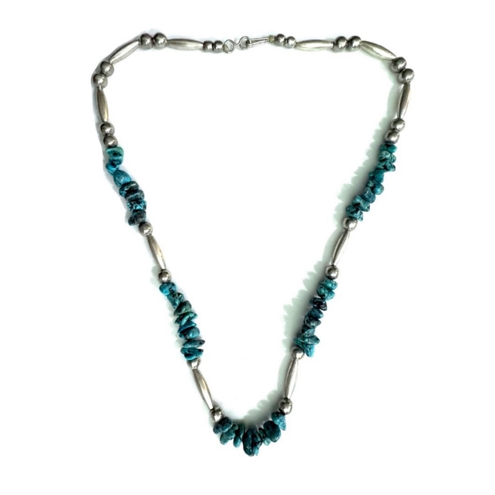 Vintage Navajo Kingman Turquoise Sterling Silver Bench Bead 19.5” Necklace